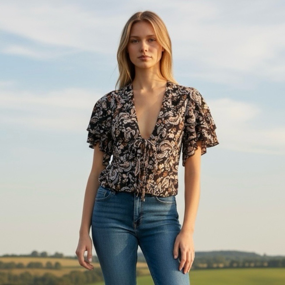 Intimately By Free People Paisley Floral Print Flutter Sleeve Bodysuit Black XS